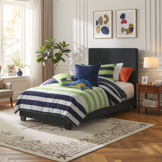 Sunvega Low Profile Leatherette Upholstered Twin Panel Bed with Stitched Details