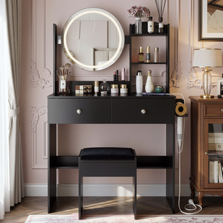 Sunvega 17 Inch Round LED Vanity Table Set with Cushioned Stool and Touch Control Mirror