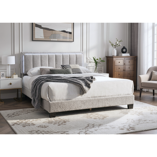 Sunvega Light Gray Wool Upholstered Queen Size Bed with Channel Tufting and LED Headboard