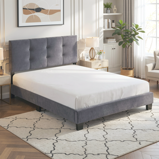 Sunvega Light Brown Velvet Upholstered Queen Platform Bed with Adjustable Height Headboard