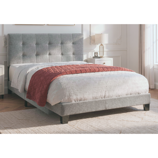Sunvega Upholstered Queen Size Bed Frame with Tufted Headboard in Grey Linen Look