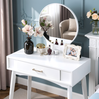 Sunvega Gold Modern Wood Vanity Set with Round Mirror and Matching Stool
