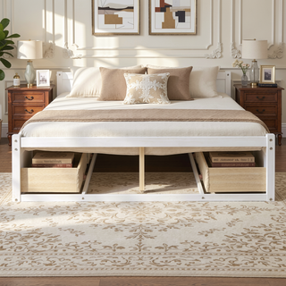 Sunvega Antique Natural Queen Size Platform Bed with 6 Spacious Storage Drawers