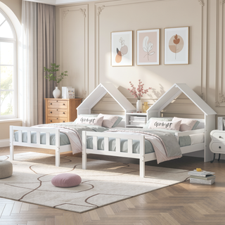 Sunvega Sturdy Solid Pine Wood Double Twin Size House-shaped Headboard Platform Bed