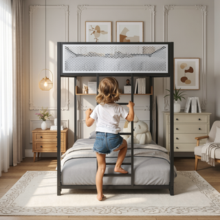 Sunvega Twin Over Twin Bunk Bed with White Mesh Guard Rail and Stable Ladder for Kids