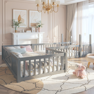 Sunvega Full Size House Floor Bed with Door and Full-Length Guardrails for Kids