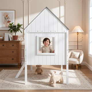 Sunvega Twin Size Low Loft Wood House Bed with Two Side Windows in White and Gray