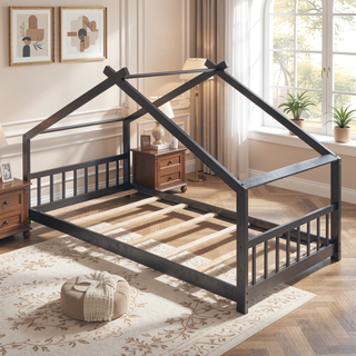 Sunvega Full Size Playhouse Design Wood Bed with Roof for Kids Room