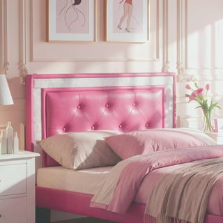 Sunvega Pink Faux Leather Upholstered Full Size Bed with Tufted Headboard