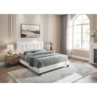Sunvega Modern Style White Faux Leather Rectangle Headboard Full Size Bed