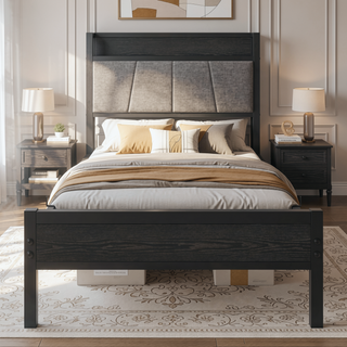 Sunvega Full Size Bed Frame with Storage Headboard and Charging Station Outlets