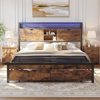 Sunvega Queen Size Metal Platform Bed Frame with Wooden Headboard and Footboard with USB Charging Station and 2 Drawers