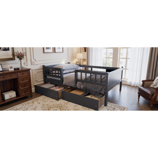 Sunvega White Twin Size Wood Platform Bed with LED Light Headboard and 2 Drawers