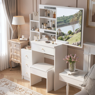 Sunvega Small Space Left Bedside Cabinet Vanity Table with Cushioned Stool