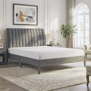Sunvega Modern Velvet Upholstered Queen Platform Bed with Gray Wood Legs