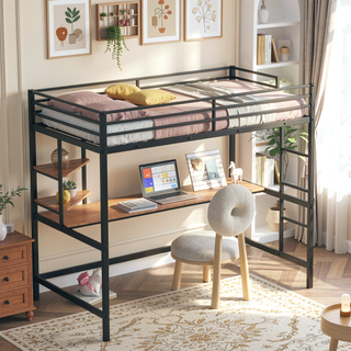 Sunvega Twin Metal Loft Bed with Desk and Shelf in Clean Painted Finish