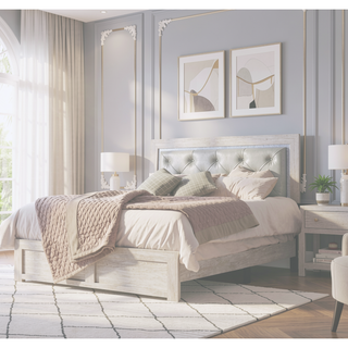 Sunvega Modern Beige Faux Leather Queen Panel Bed with Headboard Lighting