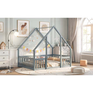 Sunvega Twin Wood House Floor Bed with Guardrail Fence in Grey
