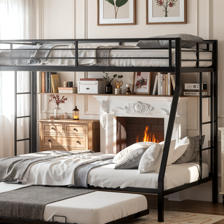 Sunvega High-Stability Square Tube Bunk Bed with Ladder & Rolling Trundle for Home Dormitory