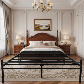 Sunvega Full Size Metal Bed Frame with Wood Panel Headboard in Black and Brown