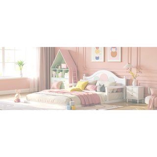 Sunvega Natural Wood Floor Bed with House-Shaped Headboard for Kids Room