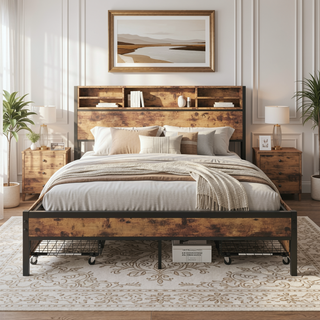 Sunvega Queen Bed Frame with Storage Headboard and 4 Drawers on Wheels