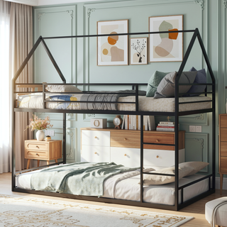 Sunvega Sturdy Metal Twin over Twin Bunk Bed with Safety Guardrail and Ladder