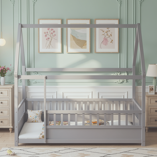 Sunvega Twin Size Floor Wooden Bed with House Roof Frame and Fence Guardrails