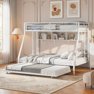 Sunvega High-Stability Square Tube Bunk Bed with Ladder & Rolling Trundle for Home Dormitory