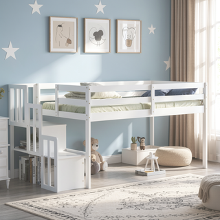 Sunvega Grey Pine Wood Loft Bed with Staircase and Storage Steps