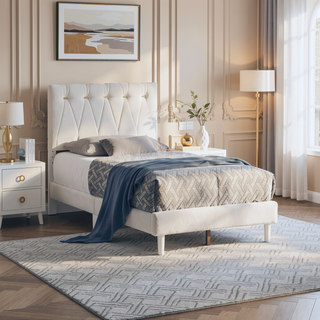 Sunvega Soft Teddy Bear Wheat Color Fabric Upholstered Queen Platform Bed