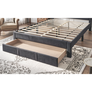 Sunvega Queen Size Bed with Storage Drawer and Charcoal Corduroy Headboard