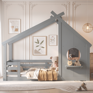 Sunvega White Twin House Floor Bed with Window and Shelf for Kids Room