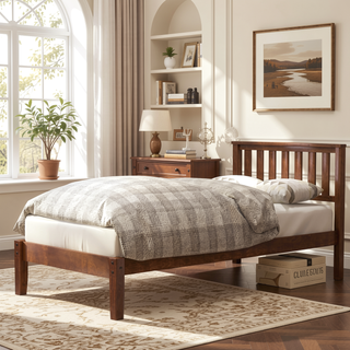 Sunvega Solid Pine Wood Platform Bed with Headboard and Slat Support Twin Walnut