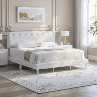 Sunvega Soft Teddy Bear Wheat Color Fabric Upholstered Queen Platform Bed