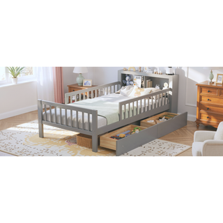 Sunvega Twin Size Bed with Headboard Storage, Two Under-Bed Drawers, and Three-Side Guardrails