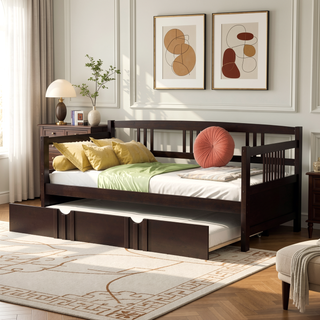 Sunvega Full Size Daybed with Twin Trundle Solid Wood Frame for Living Room