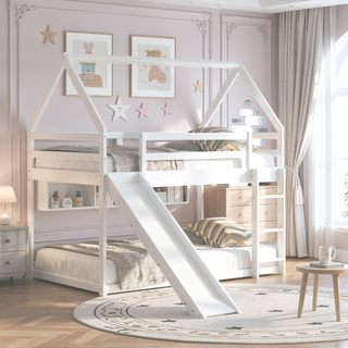 Sunvega Twin Size House Bunk Bed with Slide and Ladder for Kids Room