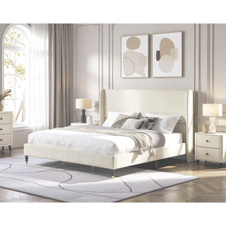 Sunvega King Beige Velvet Wingback Platform Bed with Low Profile Design