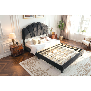 Sunvega Queen Bed with LED Headboard and Scalloped Tufted Upholstery in Charcoal