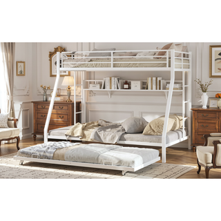Sunvega High-Stability Square Tube Bunk Bed with Ladder & Rolling Trundle for Home Dormitory
