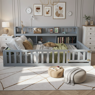 Sunvega Kids Wooden House Frame Twin Floor Bed for Safe Play and Sleep