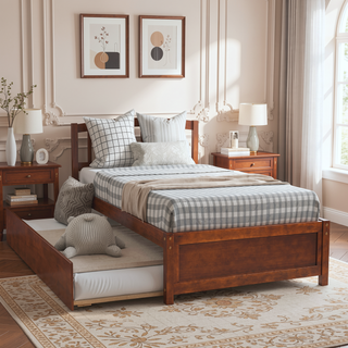 Sunvega Twin Size Gray Wood Platform Bed Frame with Trundle for Maximized Space