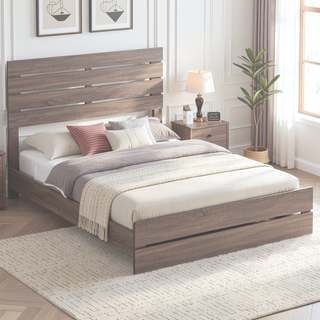 Sunvega Barrel Oak Slatted Headboard Queen Panel Bed with Matching Footboard