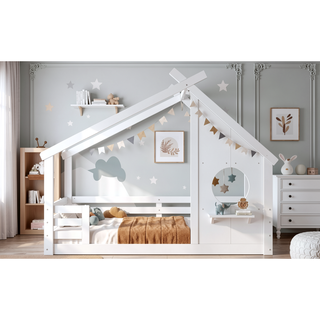 Sunvega White Twin House Floor Bed with Window and Shelf for Kids Room