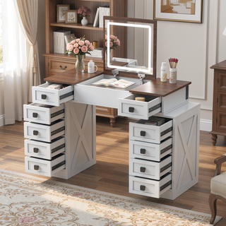 Sunvega Dimmable LED Vanity Desk with Flip Up Mirror and 10 Drawers