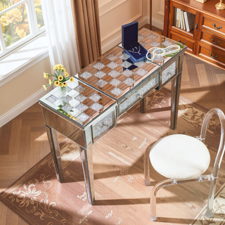 Sunvega Mirrored Makeup Vanity Desk with Crushed Diamond Inlay and Flip-Top Mirror