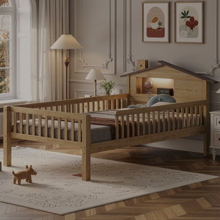 Sunvega Twin Size House Shaped Wood Platform Bed with LED and Built-in Storage