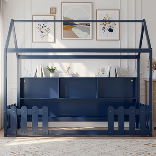 Sunvega Twin House Bed with LED Light Storage Bookshelf Guardrails for Kids Navy Blue