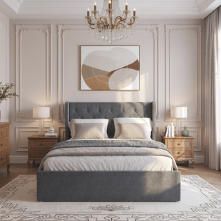 Sunvega Dark Grey Full Size Bed Frame with 4 Storage Drawers and Wingback Headboard